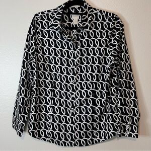 Chico’s No Iron Womens Button Down Shirt Black White Size 0 (Medium 8)